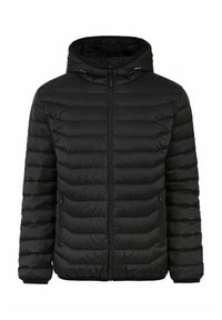 Czarna kurtka puchowa z kapturem, z przeszywaną konstrukcją, zamkiem błyskawicznym z przodu oraz dwiema bocznymi kieszeniami. Gładka tekstura i lekka.
