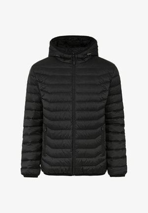 Czarna kurtka puchowa z kapturem, z przeszywaną konstrukcją, zamkiem błyskawicznym z przodu oraz dwiema bocznymi kieszeniami. Gładka tekstura i lekka.
