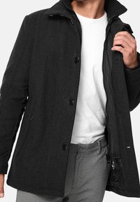 Gray wool blend coat with a collared neck, front buttons, and zippered lining. Features side pockets and a smooth inner texture.