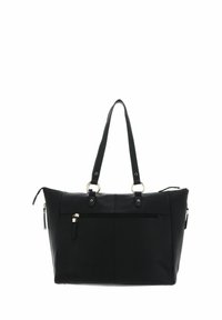Bolso de mano de cuero negro con dos asas, que cuenta con una textura suave y un bolsillo con cremallera en la parte frontal. Los detalles incluyen herrajes plateados y cremalleras laterales.
