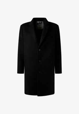 Zwarte wollen jas met een gestructureerd ontwerp, voorzien van een enkele knoopsluiting aan de voorkant, metgekraagd revers, drie knopen en twee zijzakken.