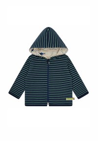 Marineblau und grün gestreifte Zip-Up-Hoodie mit gefütterter Kapuze, die ein Fischmuster aufweist. Hergestellt aus weichem, strukturiertem Stoff mit langen Ärmeln.