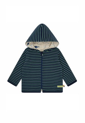 Felpa con zip a righe blu navy e verde, dotata di cappuccio foderato e decorata con un motivo di pesci. Realizzata in morbido tessuto testurizzato con maniche lunghe.
