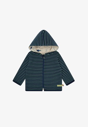 Felpa con zip a righe blu navy e verde, dotata di cappuccio foderato e decorata con un motivo di pesci. Realizzata in morbido tessuto testurizzato con maniche lunghe.
