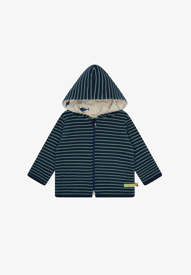 Felpa con zip a righe blu navy e verde, dotata di cappuccio foderato e decorata con un motivo di pesci. Realizzata in morbido tessuto testurizzato con maniche lunghe.