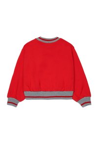 Felpa rossa con maniche lunghe, polsini grigi a costine e scollo rotondo. Orlo inferiore elastico, texture liscia e contrasti grigi.