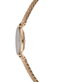 Roségoldene Armbanduhr mit schlankem, rundem Gehäuse, glattem Zifferblatt und einem strukturierten Metallband mit ineinandergreifenden Gliedern.