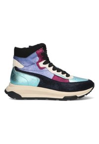 High-top sneaker featuring metallic shades of blue, purple, and black. Textured surface with black laces and a beige sole.