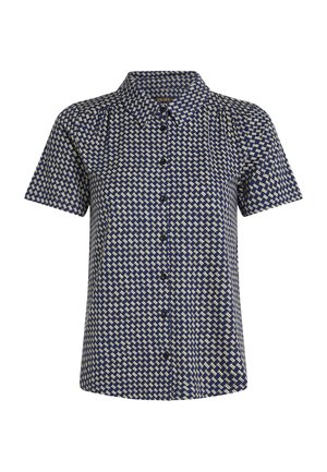 Koszula z krótkim rękawem i kołnierzykiem w kolorze granatowym z geometrycznym białym i żółtym wzorem. Posiada zapięcie na guziki z przodu oraz luźny krój.