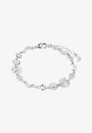 Silver charm bracelet with heart, sun, spiral, crescent moon, and smiley face charms arranged in a circular pattern with lobster clasp.