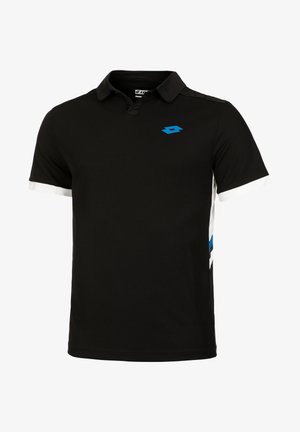 Schwarzes Polohemd aus glattem Stoff. Mit einem blauen Logo, weißen Ärmeln und blauen geometrischen Mustern an den Seiten.