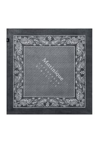 Tamsiai pilka bandana, puošta balta paisley raštais ir geometriniais akcentais, su žodžiu "Maulique" moderniu šriftu centre.