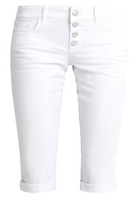 Valkoiset puuvillaiset capri-housut viiden napin etusuljennalla, käännetyillä lahkeilla ja kahdella etutaskulla. Sileä pinta ilman näkyviä kuvioita.