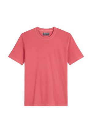 Light coral short-sleeve T-shirt made of soft cotton, featuring a classic crew neck and a smooth, plain texture. No patterns or embellishments.