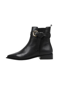 Black leather ankle boots with a pointed toe, low block heel, and a decorative buckle strap. Smooth texture, minimal stitching details.