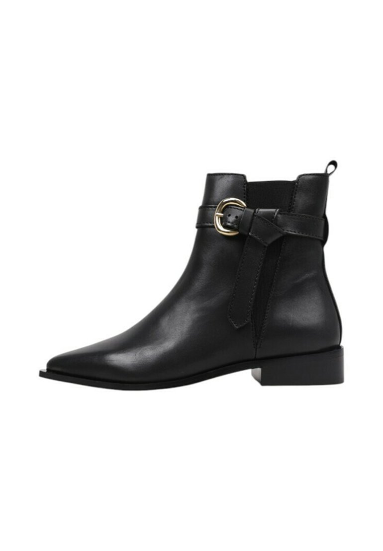 Black leather ankle boots with a pointed toe, low block heel, and a decorative buckle strap. Smooth texture, minimal stitching details.