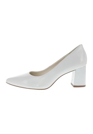 White leather women's pump with pointed toe and block heel, shown in side profile on white background.