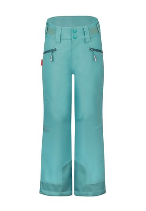Türkisfarbene Skihose mit glatter Oberfläche, zwei vorderen Reißverschlusstaschen, verstellbarem Bund und verstärkten unteren Bereichen.