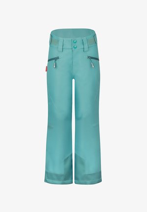 Türkisfarbene Skihose mit glatter Oberfläche, zwei vorderen Reißverschlusstaschen, verstellbarem Bund und verstärkten unteren Bereichen.