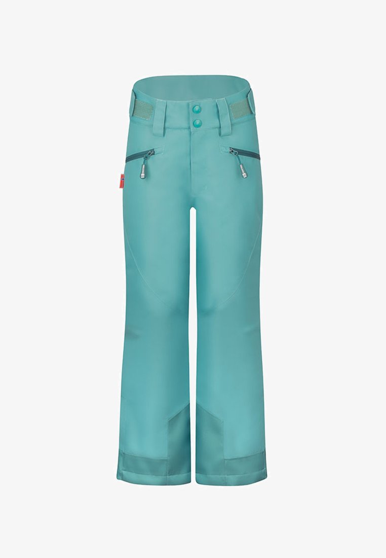 Türkisfarbene Skihose mit glatter Oberfläche, zwei vorderen Reißverschlusstaschen, verstellbarem Bund und verstärkten unteren Bereichen.