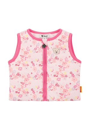 Gilet floreale rosa con zip frontale, caratterizzato da un motivo a orso sul petto e finiture rosa lungo i bordi. Tessuto morbido e imbottito.