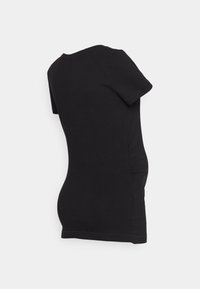 Camiseta de maternidade preta de mangas curtas, feita de tecido suave, com detalhe de franzido nas laterais, proporcionando elasticidade e conforto.