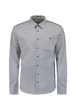Langärmliges Button-up-Hemd in Hellblau mit kleinem geometrischen Muster, ausgestattet mit einem klassischen Kragen und einer Brusttasche. Lässiges Design, aus Baumwollmaterial.