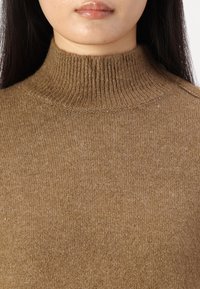 Maglione a maglia marrone con colletto alto a costine, caratterizzato da una texture morbida e un design aderente. Nessun motivo o decorazione visibile.
