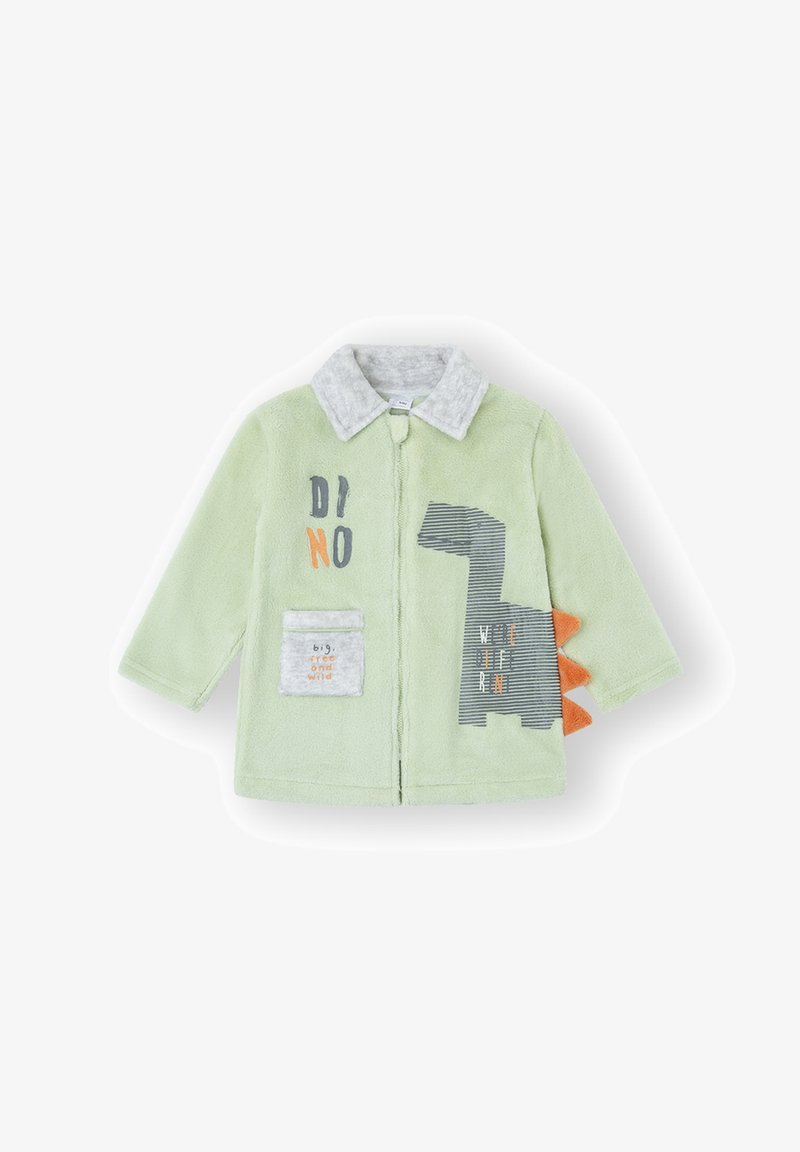 Chaqueta de vellón en verde claro con cuello gris. Presenta un diseño de dinosaurio, detalles en naranja y un bolsillo delantero con texto en varios colores.