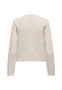 Pullover beige chiaro, maglione a trama, scollatura a girocollo, maniche lunghe, vestibilità cropped. Caratterizzato da una finitura liscia e un design minimalista senza decorazioni.