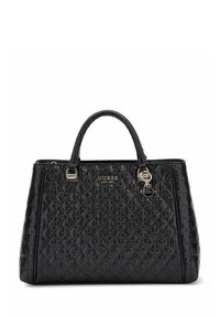 Sac à main noir structuré en matériau texturé, présentant un motif matelassé, des poignées doubles, du matériel en métal argenté et des détails de logo.