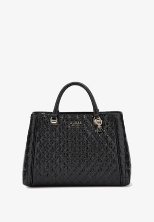 Sac à main noir structuré en matériau texturé, présentant un motif matelassé, des poignées doubles, du matériel en métal argenté et des détails de logo.