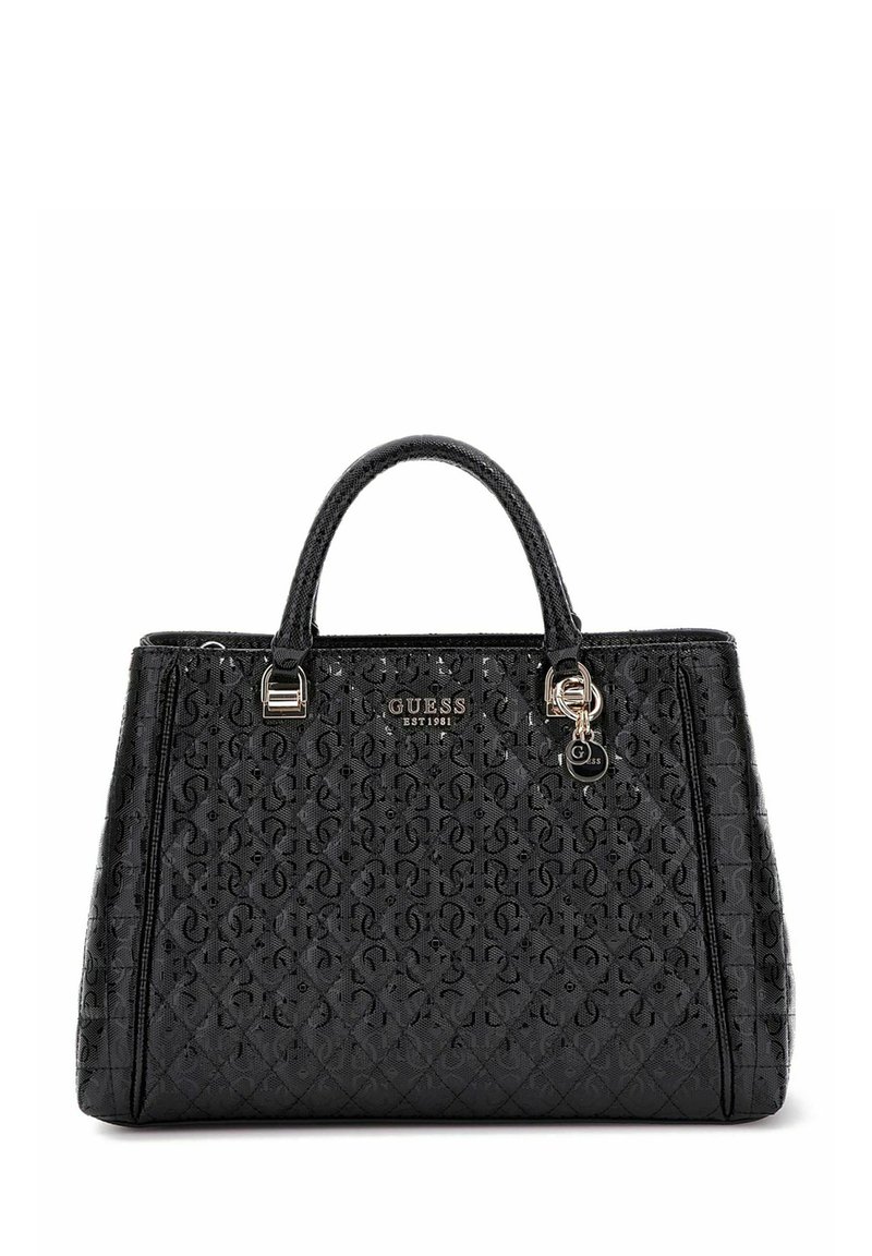 Sac à main noir structuré en matériau texturé, présentant un motif matelassé, des poignées doubles, du matériel en métal argenté et des détails de logo.