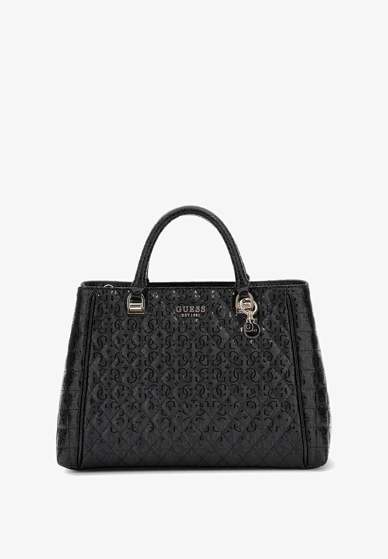 Sac à main noir structuré en matériau texturé, présentant un motif matelassé, des poignées doubles, du matériel en métal argenté et des détails de logo.