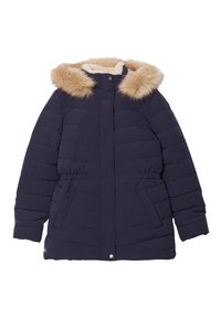 Chaqueta acolchada azul marino con capucha de pelaje sintético, diseño acolchado, bolsillos laterales y cintura con cordón ajustable.