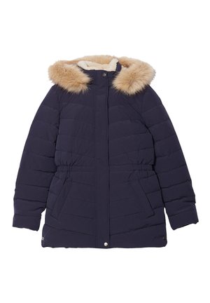 Marineblaue Steppjacke mit einer Kapuze aus Kunstfell, gestepptem Design, Seitentaschen und einem Kordelzug in der Taille für eine verstellbare Passform.