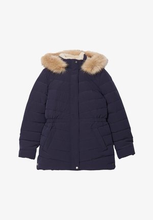 Marineblaue Steppjacke mit einer Kapuze aus Kunstfell, gestepptem Design, Seitentaschen und einem Kordelzug in der Taille für eine verstellbare Passform.