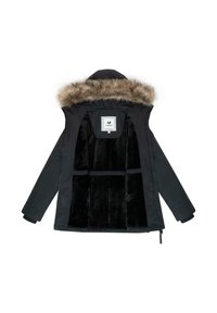 Melnā parka jaka ar mākslīgās kažokādas odere uz kapuces, ar rāvējslēdzēja kabatām un mīkstu melnu iekšpusi. Izstrādāta no izturīga auduma ar ribotām aprocēm.