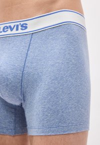 Κοντινό πλάνο ενός ατόμου που φοράει μπλε boxer briefs Levi's με λευκή ζώνη μέσης και μπλε γράμματα λογότυπου.