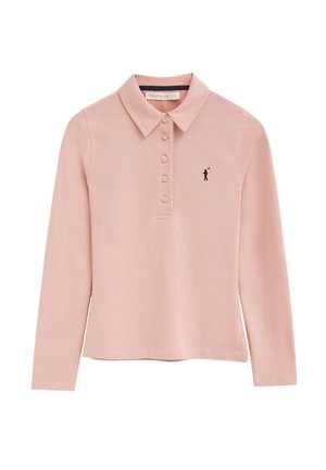 Hellrosa langärmliges Poloshirt mit fünf Knöpfen und einem kleinen, dunkel gestickten Golfer-Logo auf der linken Brust.