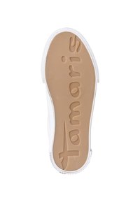 Biała podeszwa sportowa z teksturowaną, brązową gumową powierzchnią, z wytłoczonym logo "Tamaris" oraz zaokrąglonym kształtem i łagodnymi krawędziami.