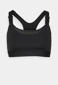Sutien desportivo preto com um tecido suave, design de costas nadador, alças ajustáveis e uma banda elástica larga na parte inferior. Sem padrões visíveis ou acessórios.