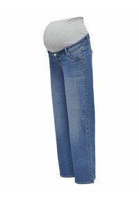 Schwangerschaftsjeans aus blauem Denim, mit geradem Beinanschnitt und einem dehnbaren grauen Bauchpanel für Komfort während der Schwangerschaft.