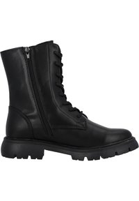 Botas de combate de cuero negro que cuentan con un frente con cordones y una cremallera lateral, con una suela resistente y un acabado texturizado.