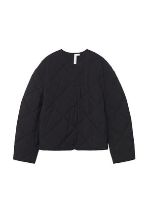 Schwarze gesteppte Langarmjacke mit rundem Ausschnitt und Druckknopfverschluss, mit diamantförmigem Steppmuster.