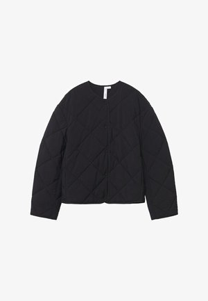 Sort quiltet jakke med lange ærmer, rund halsudskæring og trykknaplukning, med diamantformet søm mønster.