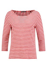 Langärmliges T-Shirt mit roten und weißen Streifen, Rundhalsausschnitt und weicher Textur. Der Stoff zeigt horizontale Streifen in gleichmäßiger Breite.