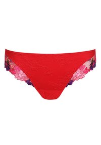 Rød bikini-lignende undertøj med blomsterblonde-detaljer i pink og blå på sidepanelet og en glat forside.