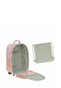 Sac à dos rose et vert avec une poche en filet, des bretelles réglables et un sac à cordon. Il dispose d'un intérieur spacieux et doublé avec des sangles d'organisation.