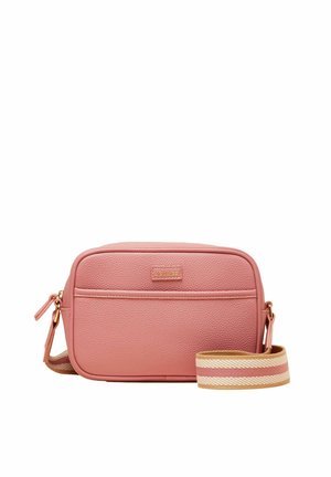 Kleine rechteckige kleine Umhängetasche aus rosa Leder mit Fronttasche und abnehmbarem, beige-rosa-weiß gestreiftem Stoffriemen.